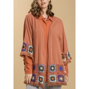 Umgee Terra Cotta Crochet Granny Square Kimono Small Boho Linen Cotton Fringe